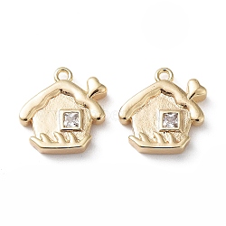 Brass Glass Charms, House, Real 18K Gold Plated, 11x11x2.5mm, Hole: 1mm(KK-G474-07G)