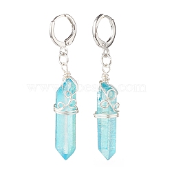 Natural Quartz Crystal Nugget Bullet Shape Dangle Hoop Earrings, Platinum Plated Brass Wire Wrap Jewelry for Women, Dark Turquoise, 46~55mm, Pin: 0.8mm(EJEW-TA00103-02)