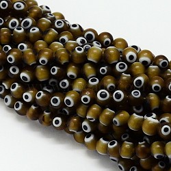 Handmade Evil Eye Lampwork Round Bead Strands, Olive, 10mm, Hole: 1mm, about 39pcs/strand, 14.96 inch(LAMP-L055-10mm-02)
