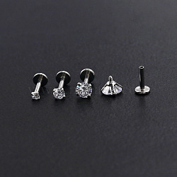 Stainless Steel Threadless Labrets, with Clear Cubic Zirconia, Stainless Steel Color, Round, 3x3mm, Pole: 6mm(WG64015-02)