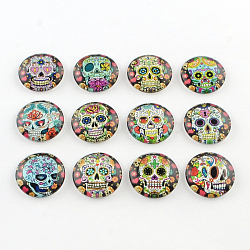 Half Round/Dome Sugar Skull Pattern Glass Flatback Cabochons for DIY Projects, For Mexico Holiday Day of the Dead, Mixed Color, 25x6mm(GGLA-Q037-25mm-12)