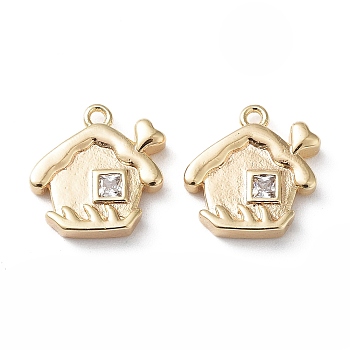 Brass Glass Charms, House, Real 18K Gold Plated, 11x11x2.5mm, Hole: 1mm