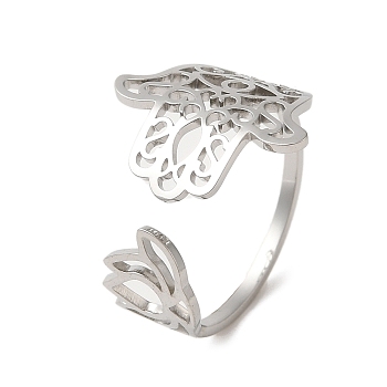 304 Stainless Steel Open Cuff Ring, Hamsa Hand & Lotus Flower, Stainless Steel Color, US Size 9(18.9mm)