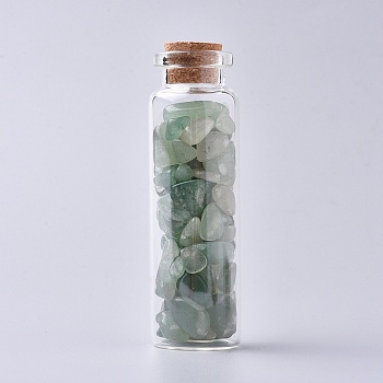 Glass Wishing Bottle, For Pendant Decoration, with Green Aventurine Chip Beads Inside and Cork Stopper, 22x71mm