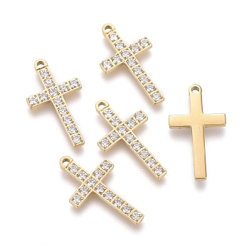 316 Surgical Stainless Steel Cubic Zirconia Pendants, Religion, Cross, Golden, 17x9.5x1.5mm, Hole: 1mm