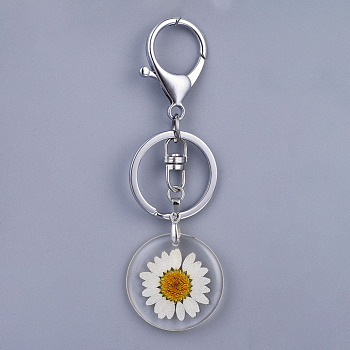 Alloy Resin Dried Flower Keychain, with Platinum Tone Alloy Key Clasps and Iron Key Rings, Clear, 93mm