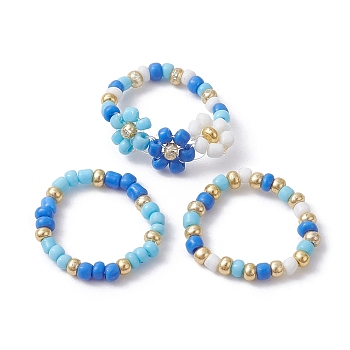 3Pcs 3 Style Glass Seed Beaded Stretch Rings Set, Flower Stackable Rings, Blue, US Size 7 1/4(17.5mm), 1Pc/style