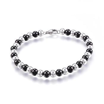 304 Stainless Steel Beaded Bracelets, with Lobster Clasp, Electrophoresis Black & Stainless Steel Color, 7-5/8 inch(195mm)x6mm