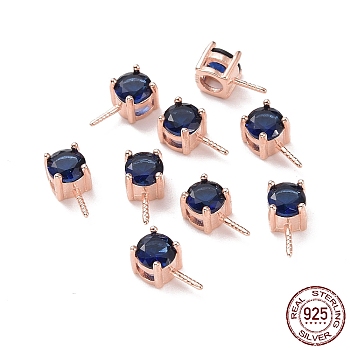 925 Sterling Silver Peg Bails, with Cubic Zirconia, Square, Rose Gold, Dark Blue, 9x4x4.5mm, Hole: 2.5x1.5mm, Pin: 0.6mm