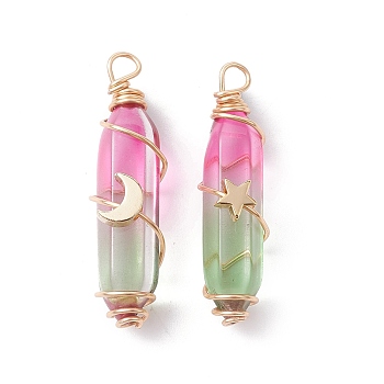 2Pcs 2 Style Two Tone Glass Double Terminated Point Beads Pendants Set, Moon & Star Golden Copper Wire Wrapped Charms, Light Green, 38~39x10x18mm, Hole: 3mm, 1Pc/style