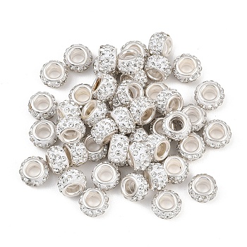 50Pcs Handmade Polymer Clay Rhinestone European Beads, Large Hole Beads, Rondelle, with Silver Color Plated Brass Cores, Crystal, 10~12x7~8mm, Hole: 5mm