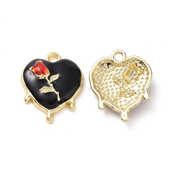 Alloy Enamel Pendants, Light Gold, Heart with Rose, Black, 19x15x4.5mm, Hole: 1.8mm