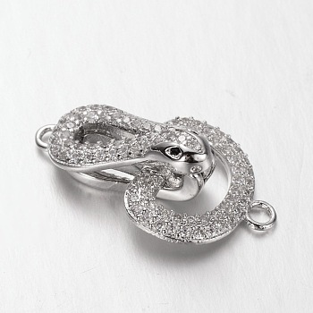 Snake Brass Micro Pave Cubic Zirconia Links, Platinum, 28mm, Hole: 2mm