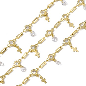 Brass Rectangle & Cubic Zirconia Flat Round Link Chains, with Cross Charms, with Spool, Soldered, Long-Lasting Plated, Cadmium Free & Nickel Free & Lead Free, Real 18K Gold Plated, 8.5x6.5x2mm and 6x2x0.5mm