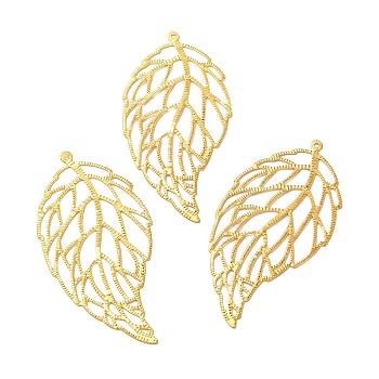 Iron Filigree Joiners, Etched Metal Embellishments, Leaf, Golden, 59.5x30x0.5mm, Hole: 1.2mm