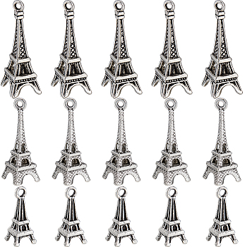 60Pcs 3 Style Tibetan Style Alloy Pendants, Eiffel Tower, Cadmium Free & Lead Free, Antique Silver, 16~26x7~13x7~13mm, Hole: 1~1.6mm, 20pcs/style