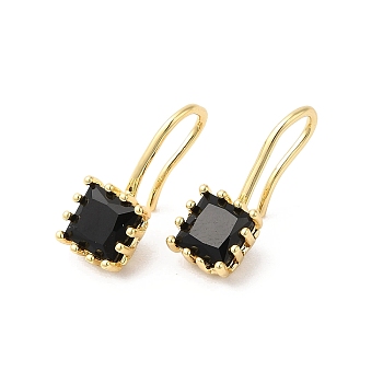 Cubic Zirconia Square Dangle Earrings, Real 18K Gold Plated Brass Jewelry for Women, Black, 18~19x7.5mm
