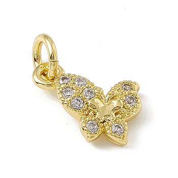 Brass Micro Pave Clear Cubic Zirconia Butterfly Charms, with Open Jump Rings, Real 18K Gold Plated, 8x10.5x2.5mm, Hole: 2.7mm