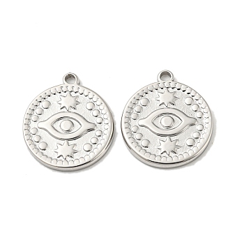 304 Stainless Steel Pendants, Flat Round with Evil Eye Charm, Stainless Steel Color, 19.5x17x2mm, Hole: 1.6mm
