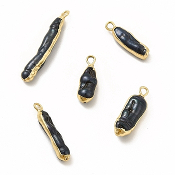 Baroque Natural Keshi Pearl Pendants, Dyed, Nuggets Charms, with Brass Loops, Black, Light Gold, 17~30x4~7x4~6mm, Hole: 1.6mm