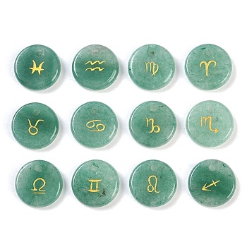 Natural Green Aventurine Pendants, Flat Round, with Constellation Pattern, 12x3mm, Hole: 1.4mm, 12pcs/set