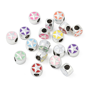 CCB Plastic European Beads, Large Hole Beads, with Enamel, Platinum, Flat Round with Star, Mixed Color, 9.5x9.5x7.5mm, Hole: 4.5~4.5mm