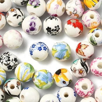 50Pcs 10 Colors Floral Printed Porcelain Beads, Flower Patterned Ceramic Round Beads with Sunflower Pattern, Mixed Color, 8mm, Hole: 1.8~2mm, 5pcs/color