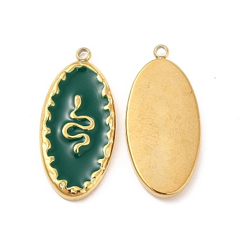 Vacuum Plating 201 Stainless Steel Enamel Pendants, Real 18K Gold Plated, Oval with Snake Pattern Charm, Dark Green, 24.5x11.5x2.5mm, Hole: 1.2mm