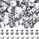100Pcs Handmade Printed Porcelain Beads Sets, Round, Prussian Blue, 6~10mm, Hole: 2~3mm(PORC-SP0001-06A)