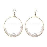 Shell Pearl Dangle Earring, with 304 Stainless Steel Earring Hooks, Flat Round, Golden, 75.5x53mm(EJEW-JE05912)