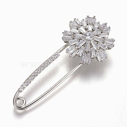 Brass Micro Pave Cubic Zirconia Safety Brooch, Flower, Clear, Platinum, 58x24mm, Pin: 1.5mm(JEWB-I010-08P)