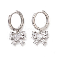 Bowknot Brass Dangle Hoop Earrings, with Clear Cubic Zirconia, Long-Lasting Plated, Lead Free & Cadmium Free, Platinum, 24.5x12mm(EJEW-M245-08P)