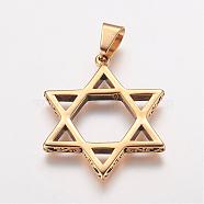 304 Stainless Steel Pendants, for Jewish, Hexagram/Star of David, Golden, 48x38x4mm, Hole: 6x12mm(STAS-P137-16G)