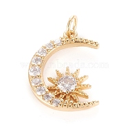 Brass Micro Pave Clear Cubic Zirconia Pendants, with Jump Ring, Flat Round, Moon with Sun, Real 18K Gold Plated, 20.5x15x3mm, Hole: 3mm, Jump Ring: 5x0.8mm(KK-O126-23G)
