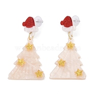 Glitter Hat Christmas Tree Acrylic Dangle Stud Earrings, Alloy Jewelry for Women, Old Lace, 62x32mm(EJEW-L203-12D)