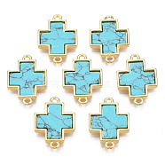 Brass Connector Charms, with Synthetic Turquoise, Cadmium Free & Nickel Free & Lead Free, Real 18K Gold Plated, Cross, Dark Turquoise, 17.5x12.5x2.5mm, Hole: 1.2mm(KK-N233-172B-01B)