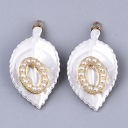 ABS Plastic Pendants, with ABS Plastic Imitation Pearl, Light Gold Plated Alloy Finding and Brass Loop, Leaf with Oval, White, 34.5x18.5x5.5mm, Hole: 1.6mm(KY-T018-03)