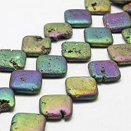 Electroplated Natural Druzy Geode Crystal Beads Strands, Rhombus, Dyed, Multi-color Plated, 30x30x7~8mm, Hole: 2mm, about 7pcs/strand, 8.07 inch (20.5cm)(G-N0252-30x30mm-01)
