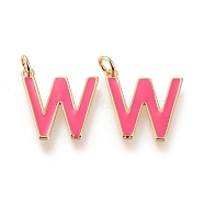 Brass Enamel Pendants, with Jump Ring, Long-Lasting Plated, Real 18K Gold Plated, Letter.W, Hot Pink, Letter.W, W: 18x17x1.8mm, Jump Rings: Inner Diameter: 3mm(KK-R139-01W)