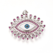 Brass Micro Pave Cubic Zirconia Enamel Pendants, Long-Lasting Plated, Lead Free & Cadmium Free & Nickel Free, Evil Eye, Colorful, Real Platinum Plated, 26x30x2.5mm, Hole: 3mm(ZIRC-L078-068P-NR)