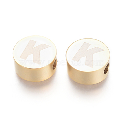 304 Stainless Steel Beads, Flat Round with Letter, Letter.K, 10x4.5mm, Hole: 2mm(STAS-I126-02G-K)