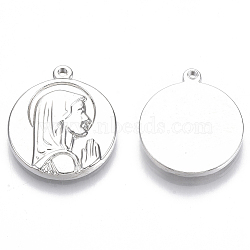 304 Stainless Steel Pendants, Flat Round with Praying Virgin Mary, Real Platinum Plated, 21x18.5x2.8mm, Hole: 1.2mm(STAS-N093-03P-NF)