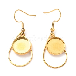 201 Stainless Steel Earring Hooks, with Flat Round Cabochon Settings, Teardrop, Golden, Tray: 12mm, 44mm, 22 Gauge, Pin: 0.6mm(STAS-C030-15G)