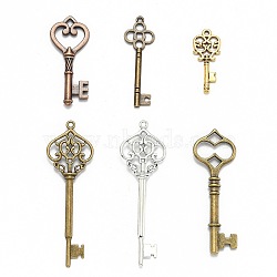 Tibetan Style Alloy Pendants, Assorted Key, Mixed Color, 16~75.5x6.5~25.5x1~5mm, Hole: 1~4mm(TIBEP-MSMC016-M)