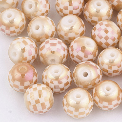 Electroplate Glass Beads, Plaid Beads, Round with Tartan Pattern, Sandy Brown, 8~8.5mm, Hole: 1.5mm(X-EGLA-S178-06H)