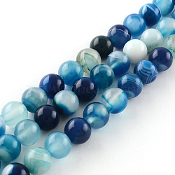 Dyed Natural Striped Agate/Banded Agate Round Bead Strands, Dodger Blue, 6mm, Hole: 1mm, about 62pcs/strand, 15.7 inch(X-G-R342-6mm-05)