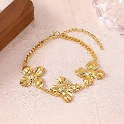 304 Stainless Steel Link Bracelets, Curb Chain Bracelets for Women, Flower, Golden, 7.28 inch(18.5cm)(BJEW-H641-03B-G)