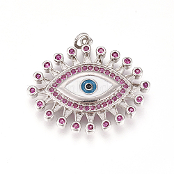 Brass Micro Pave Cubic Zirconia Enamel Pendants, Long-Lasting Plated, Lead Free & Cadmium Free & Nickel Free, Evil Eye, Colorful, Real Platinum Plated, 26x30x2.5mm, Hole: 3mm(ZIRC-L078-068P-NR)