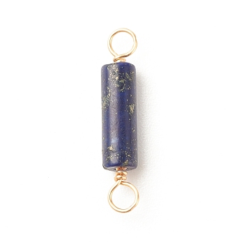 Natural Lapis Lazuli Connector Charms, with Light Gold Tone Eco-Friendly Brass Wire Double Loops, Column, 23~24x4mm, Hole: 2~2.5mm