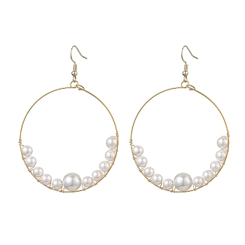 Shell Pearl Dangle Earring, with 304 Stainless Steel Earring Hooks, Flat Round, Golden, 75.5x53mm